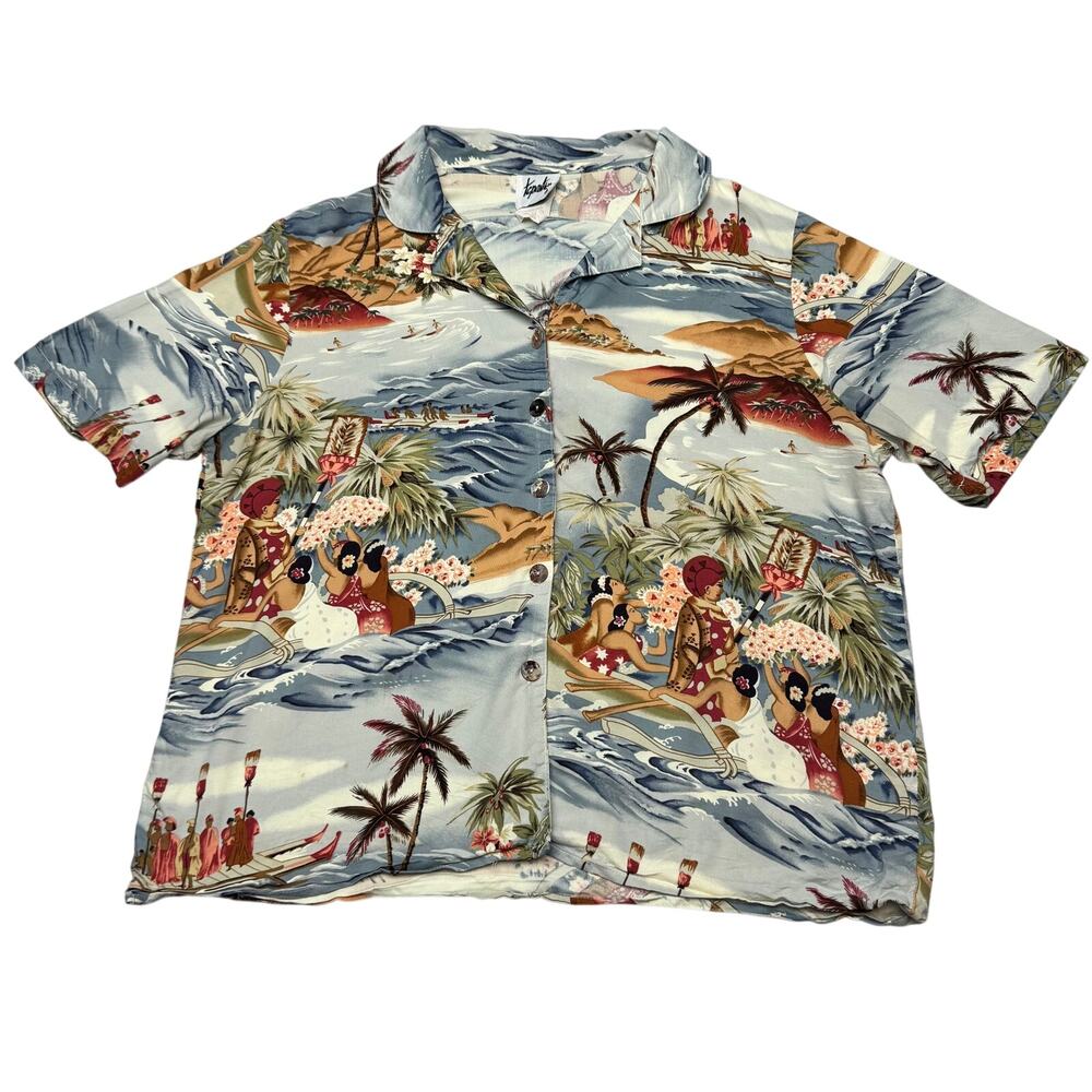 Vintage 80s Tapestry Hawaiian Aloha Shirt Men's Medium Island Palm Tree Canoe